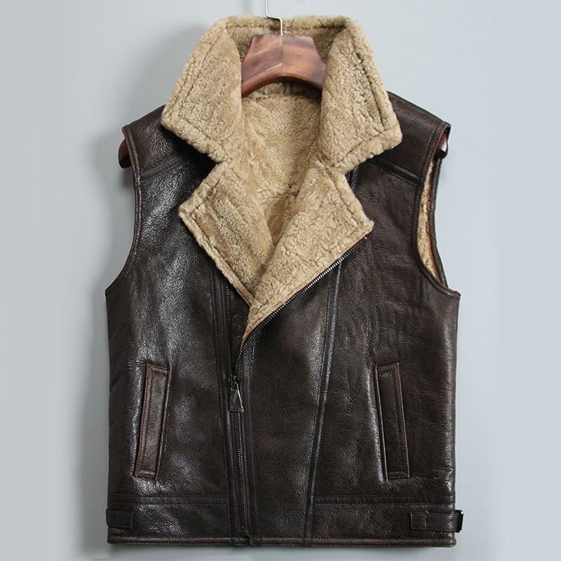 Genuine Men Autumn Winter Biker Vest sheepskin coat Sleeveless Jacket Mens Leather Vests 731 KJ3296