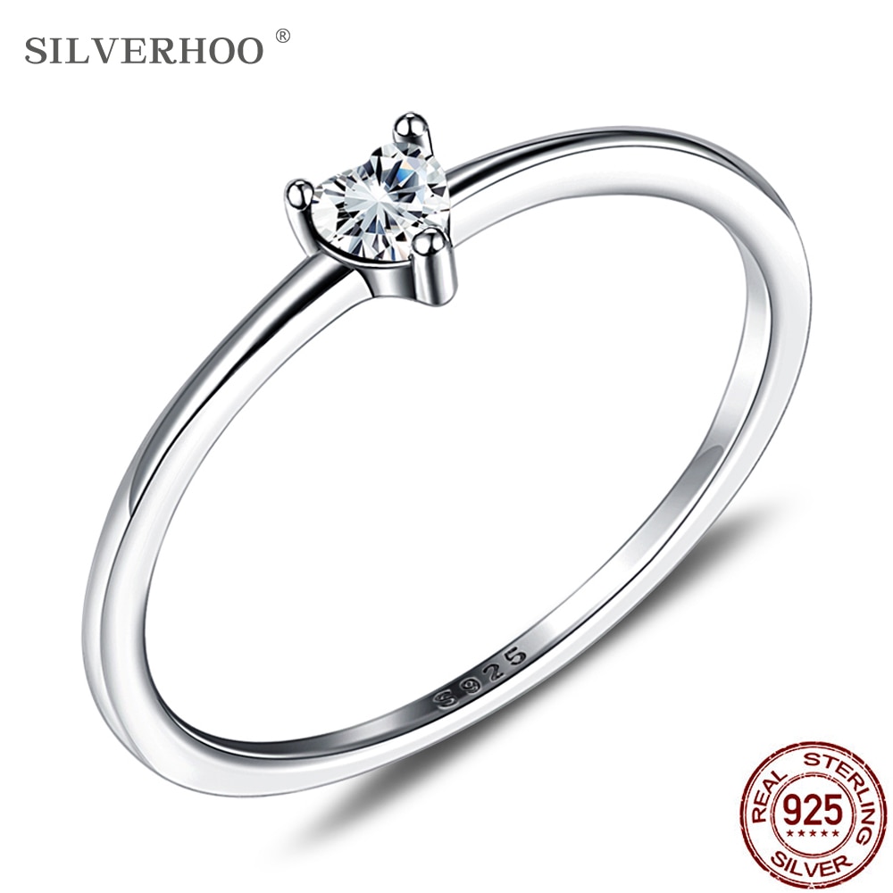 SILVERHOO Sterling Silver 925 Women Rings Simple Heart Zircon Ring For Women Fine Silver Jewelry Engagement Wedding Girl Gifts