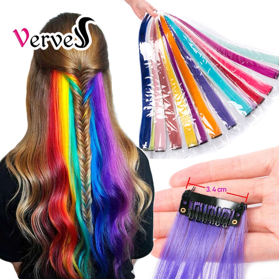 VERVES Synthetic Hair Extensions Clip In One piece Color Strips Long straight Hair Clip hair Pure Color Braids