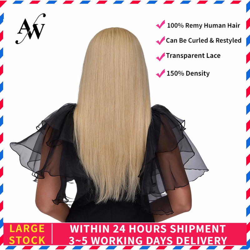 AW 20'' Straight Lace Frontal Remy Human Hair Wig Pre Plucked Invisible Half Lace Wig 150% Density Blond Balayage Color