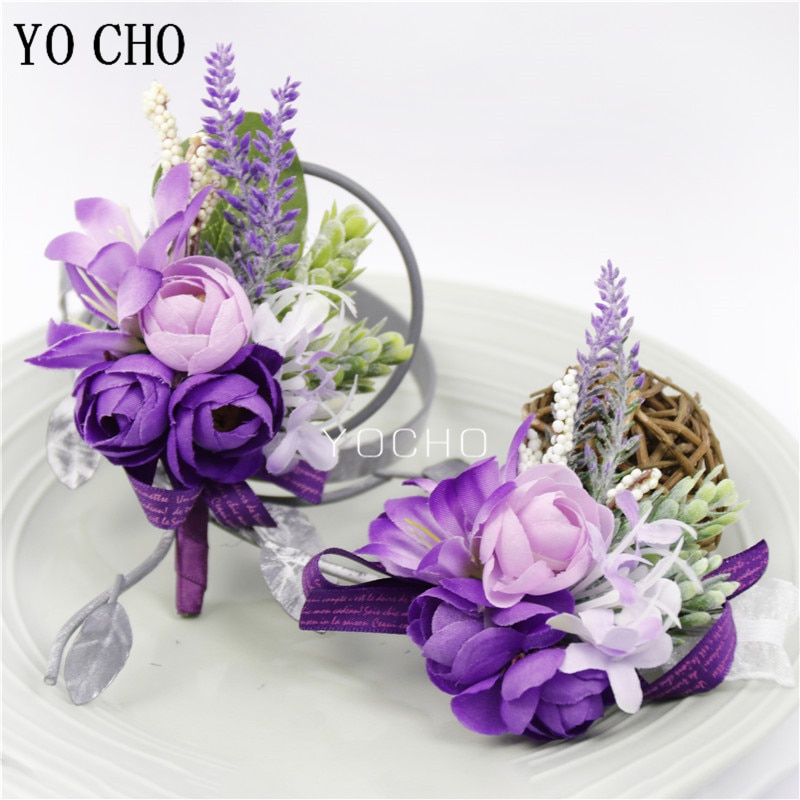 YO CHO Wedding Corsages Groom Boutonniere White Purple Silk Rose Man Brooches Wedding Bridesmaids Wrist Corsage Bracelet Flower