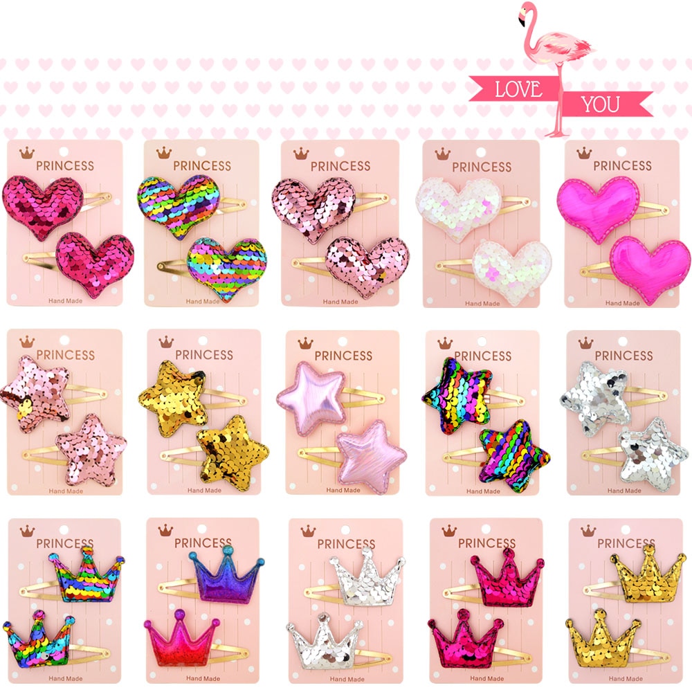 2Pcs/set Sequins Cartoon Love Heart Crown Hair Clips for Girls Handmade Boutique Hairgrips Baby Clips Kids Hair Accessories 035