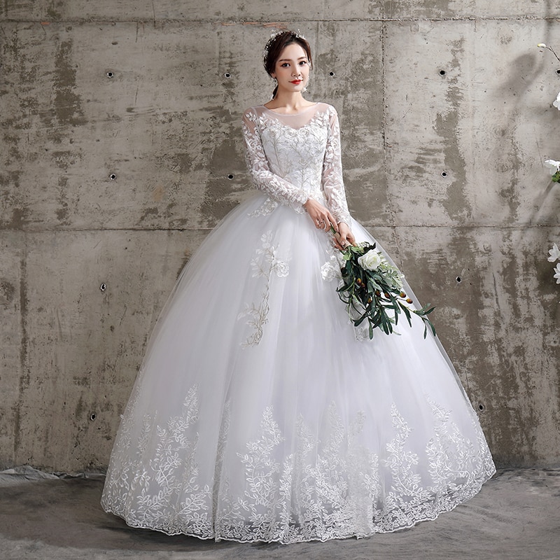 Flower Wedding Dress 2020 New Style Bride Plus Size Flower Wedding Dresses Dreamy Full-sleeve Bridal Lace Up Dresses Ball Gowns