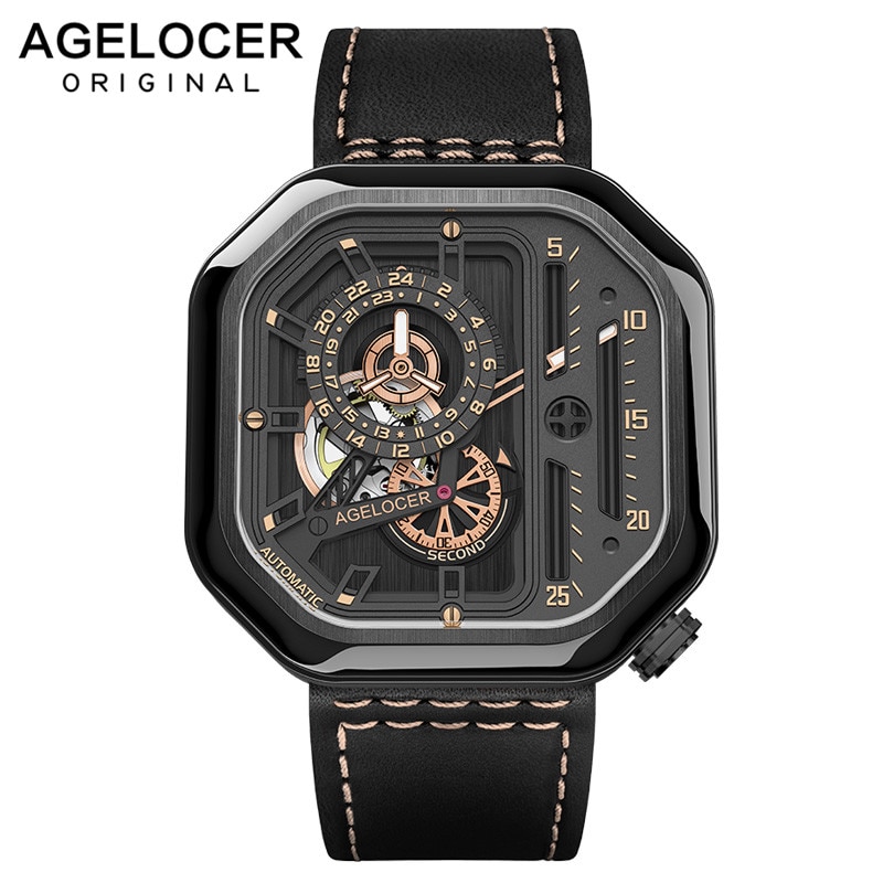AGELOCER Switzerland Self-wind Mechanical Watch Men Automatic Big Square Black Leather Wrist Watches Reloj Hombre 2019 Luxury