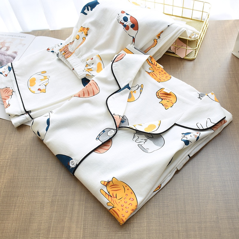 100% Cotton Pajamas For Women 2021 Cute Cat Print Cartoon Home Clothes 2Pcs Set Sleepwear Female Tops+Pants Nighties Pijama Suit