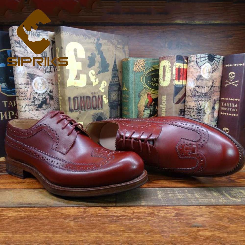 SIPRIKS Mens Leather Sole Shoe Italian Custom Calfskin Brogues Shoes Retro Classic Wing Tip Dress Shoes Wine Red Black Footwear
