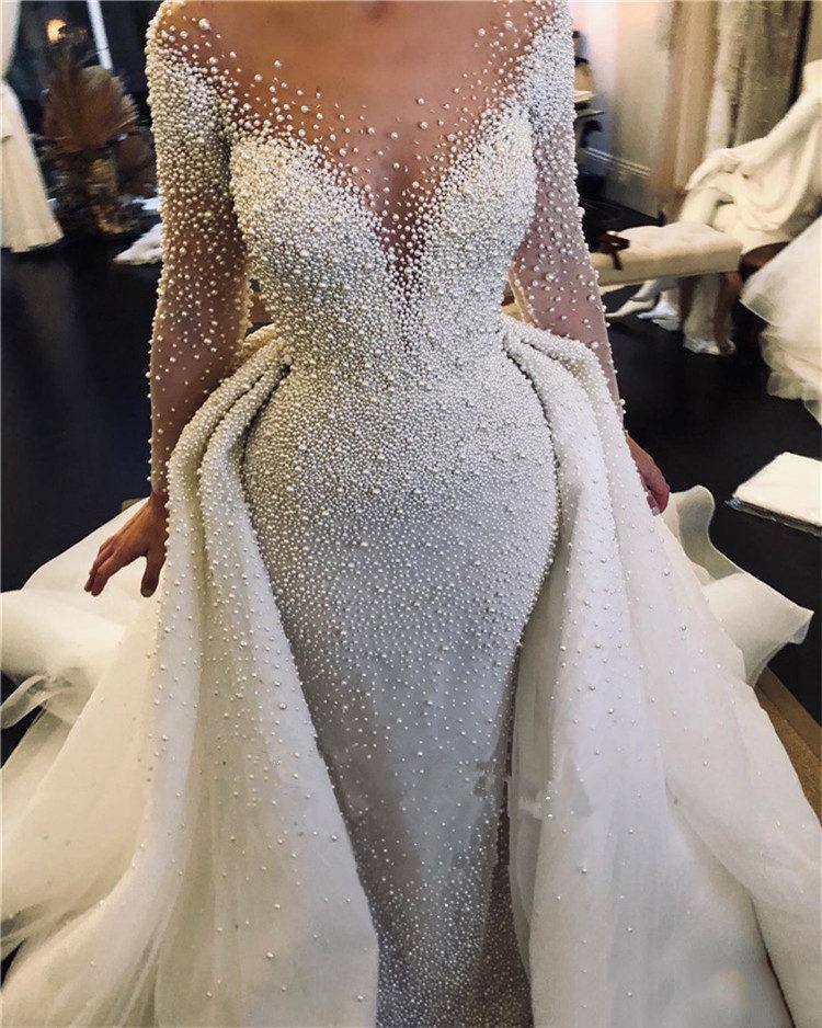 Luxury Full Pearl Beaded Saudi Arabic Mermaid Wedding Dresses 2020 With Detachable Train Long Sleeves Plus Size Bridal Gown