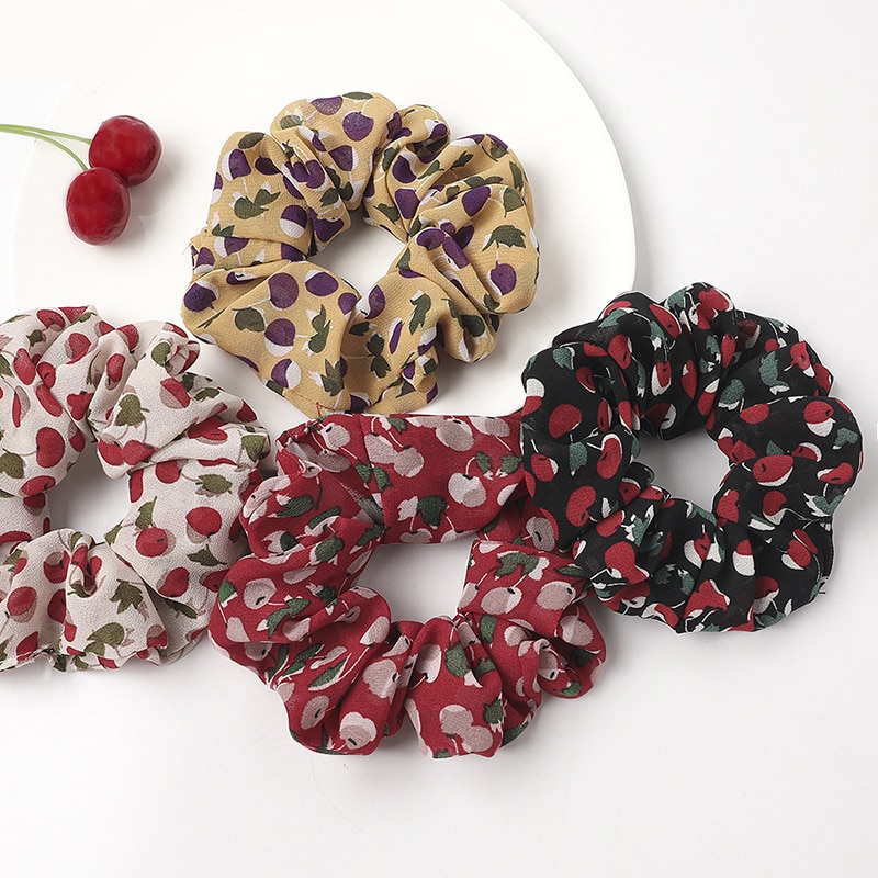 Floral Chiffon Hair Scrunchies Cherry Hair Ties Elastic Rubber Bands Hair Rope For Women Print Headwear Hair Accessories