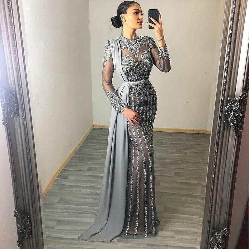 YQLNNE Couture 2021 Collection Gray Muslim Rhinestones Evening Dresses High Neck Dubai Long Sleeve Mermaid Gown For Women Party