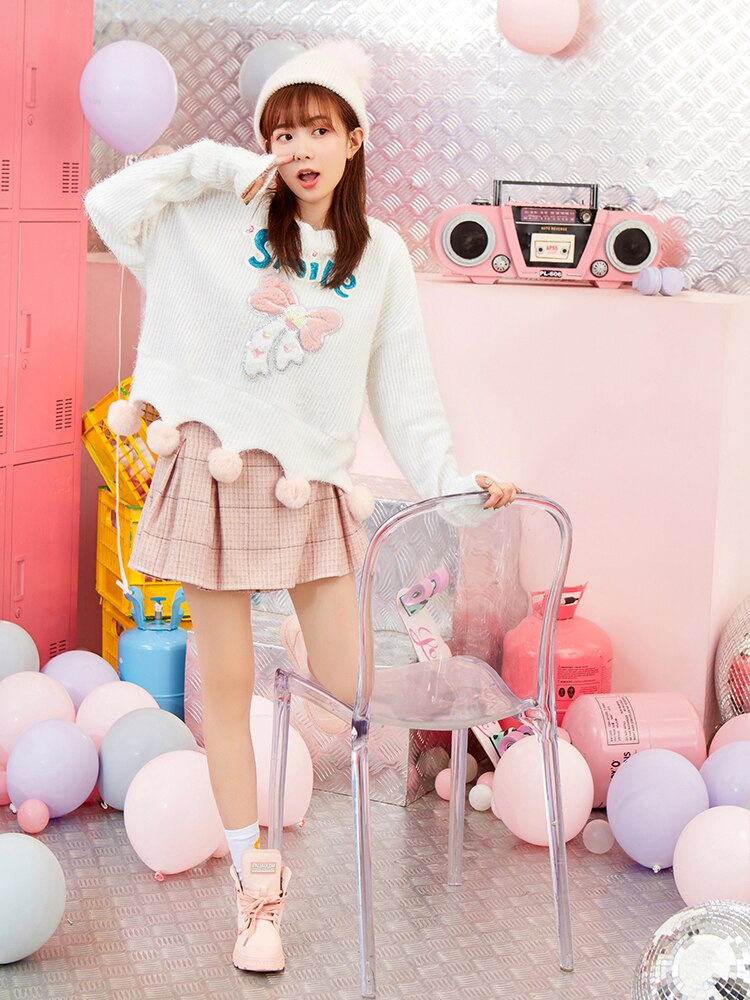 Princess sweet lolita sweater Winter college bow Sequin letter rabbit hair ball wave bottom round collar knitted sweater VC301