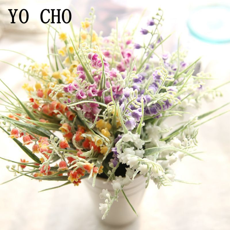 YO CHO Bouquet Flocking Bellflower Plastic Artificial Flower Wedding Girl Home Party Decor Mini Bouquet Wedding Wall Arrangement