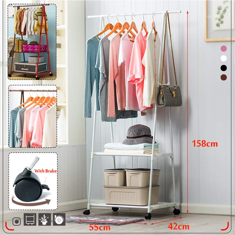 Colorful Clothes Rack Floor Standing Clothes Hanging Storage Shelf Clothes Hanger Racks w/Wheel Simple Style Bedroom Furniture