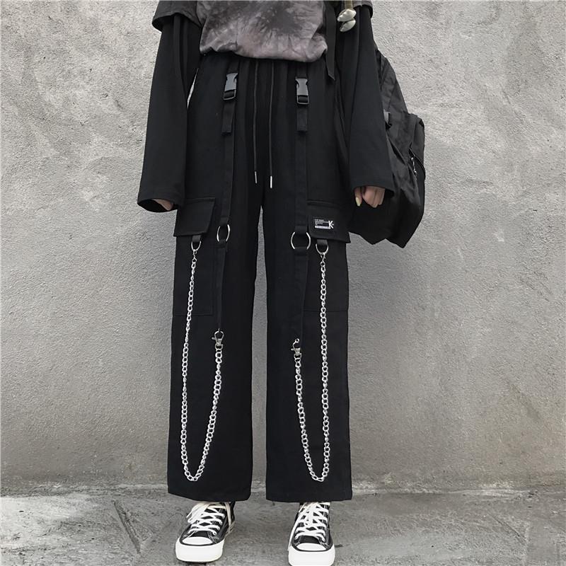 Black Cargo Pants Men Streetwear Cotton Hip hop Pants With Chain Loose Baggy Vintage Punk Harem Trousers Elastic waist Emo Pants