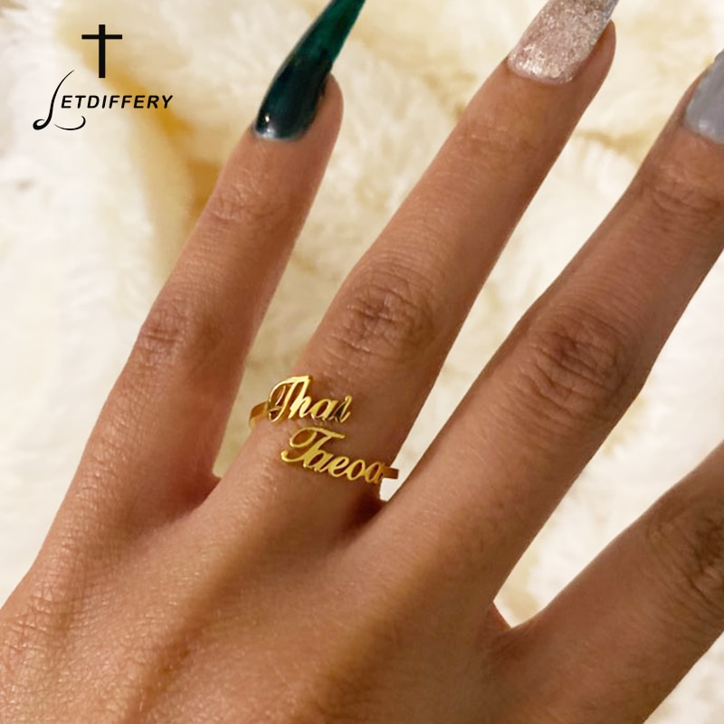 Letdiffery Personlizd Double Name Rings Stainless Steel Adjustable Women Wedding Rings Unique Engagement Gifts
