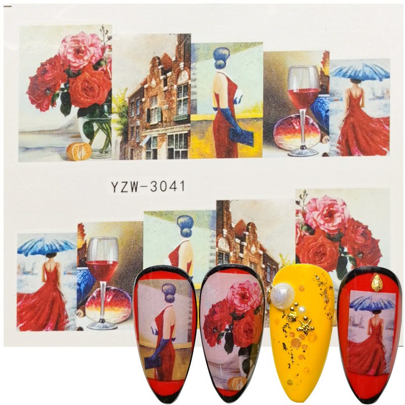 2020 New Designs Full Wrap Nail Sticker Slider Floral Red Wine Girl Urban Lady Fashion Show Retro Style Water Transfer Decal