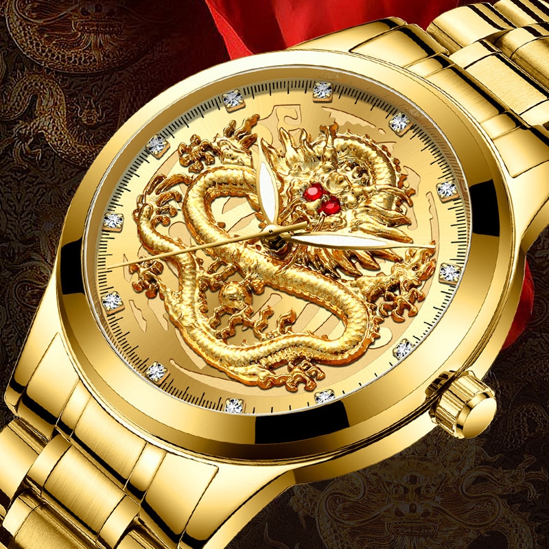 New Golden Mens Watches Top Brand Luxury Chinese Dragon Watch Business Full Steel Quartz Clock Male Relogio Masculino