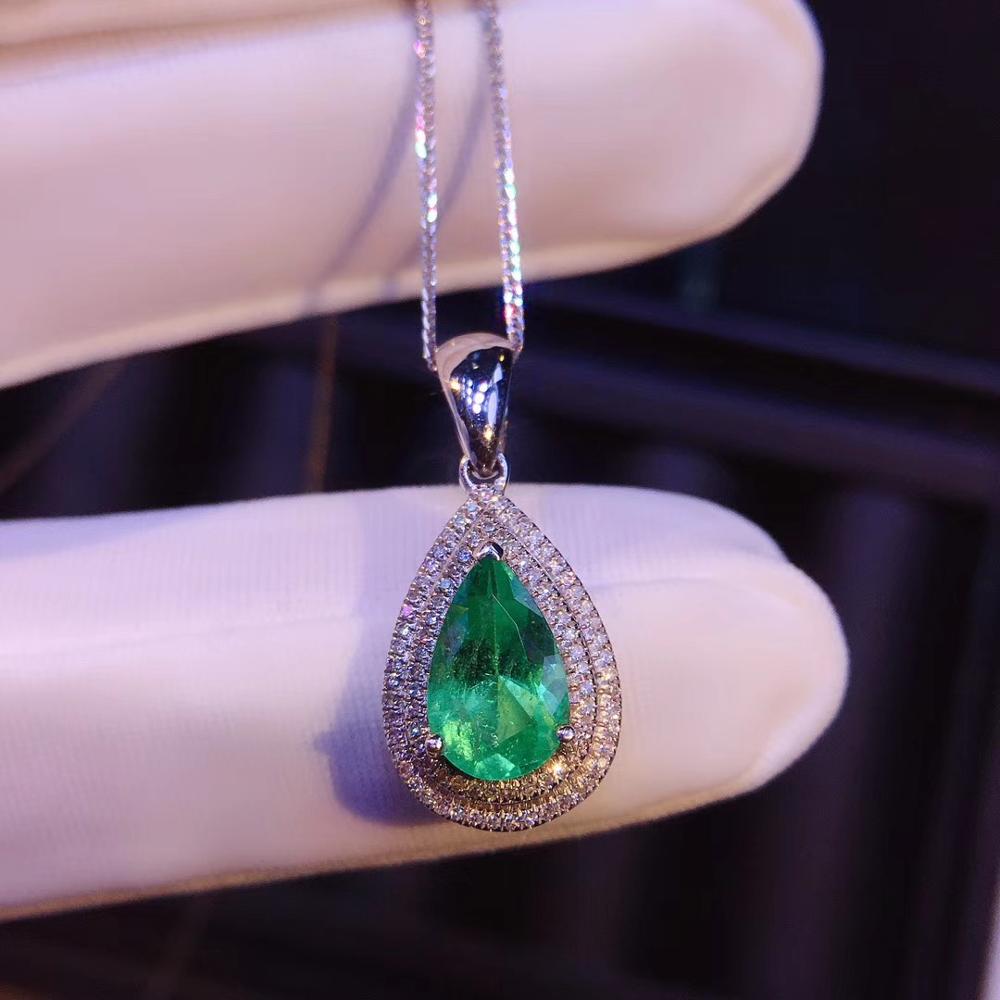 AEAW Jewelry 0.93ct Natural Emerald Pendant Green Gemstone Pendant with Diamond Fine Jewelry For Women 14K White Gold