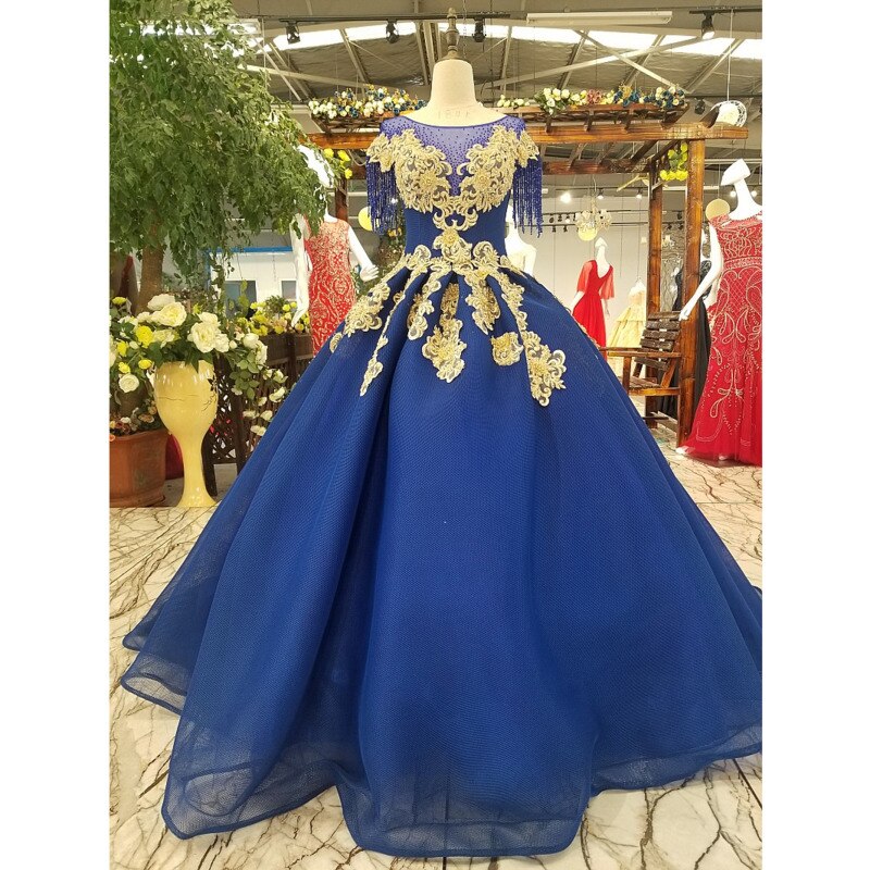 BGW HT33023 Golden Lace Flowers Blue Evening Dress Short Sleeve O-neck Lace Up Back Dress For Mothers Of Brides Quick Shipping