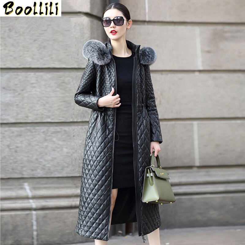 Boollili 2020 Women's Sheepskin Coat Feamle Genuine Leather Jackets Stand Collar Fox Fur Hooded Coats Jaquetas Feminino