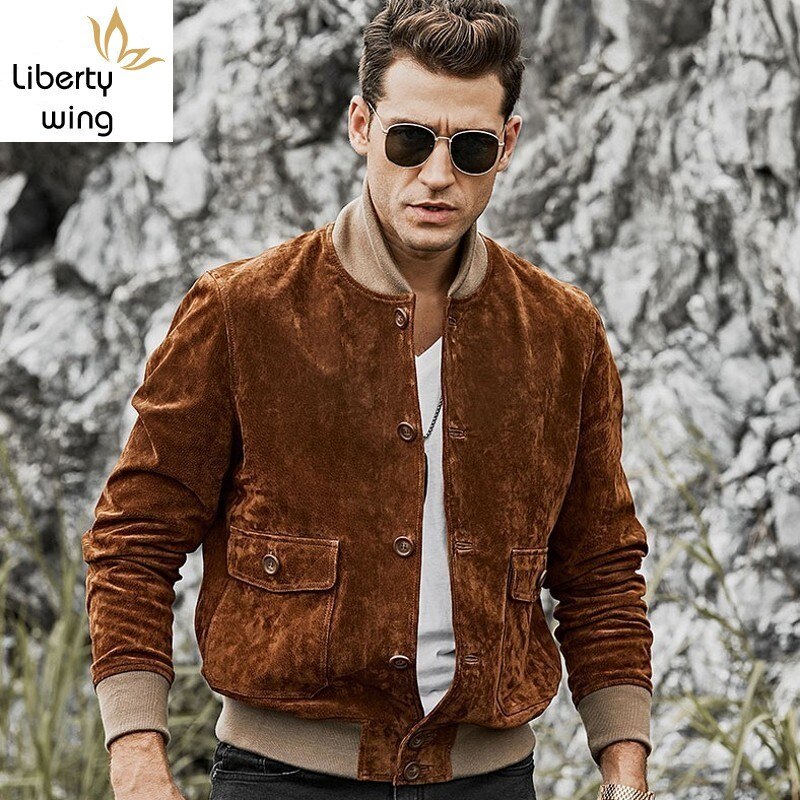 High Quality Genuine Leather Pigskin Slim Fit Mens Short Jackets Rib Sleeve Stand Collar Single Breasted Causual Coats Plus Size