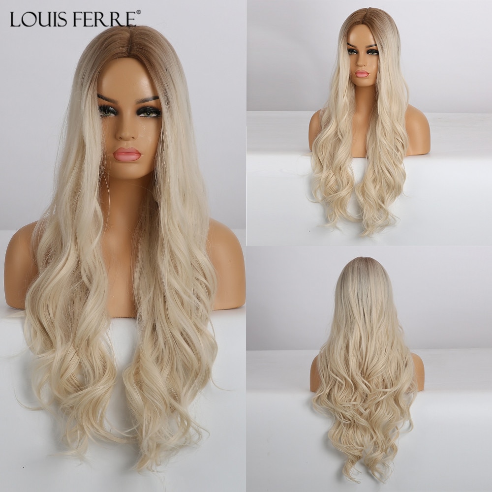 LOUIS FERRE Long Ombre Brown Light Blonde Synthetic Wigs Middle Part Water Wave Cosplay Wig For Black Woman Heat Resistant Fibre