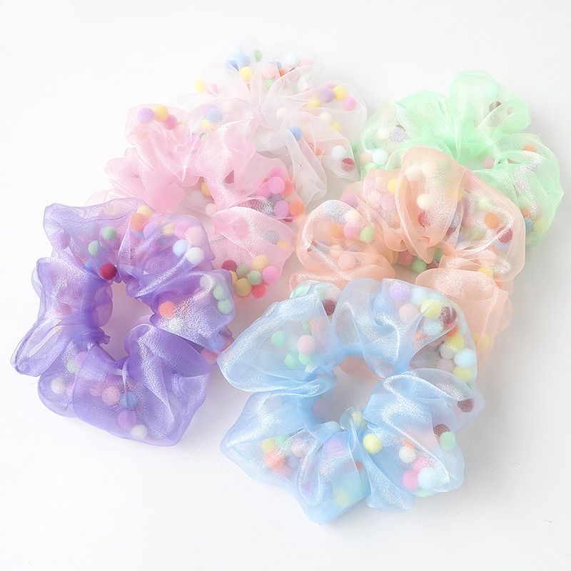 Fashion Organza Sheer Scrunchie with Color Mesh Gauze Ball Hair Ring Women Ponytail Hair Rope Bands Girls Sweet Hair Accessories