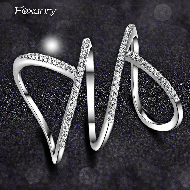 Foxanry Wholesale 925 Sterling Silver Sparkling Single Rings for Women Couples New Fashion Elegant Party Jewelry Adjustable