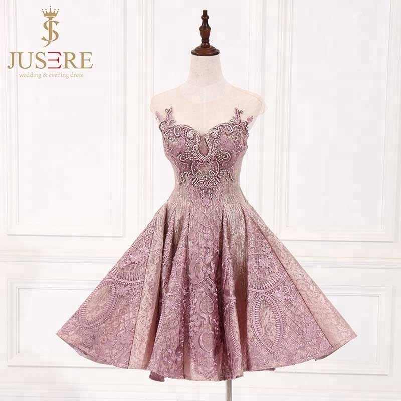 Jusere Simple Mini Knee-Length Classic pink beads Appliqued Lace Embroidered Short Evening Dresses Prom Party Gown