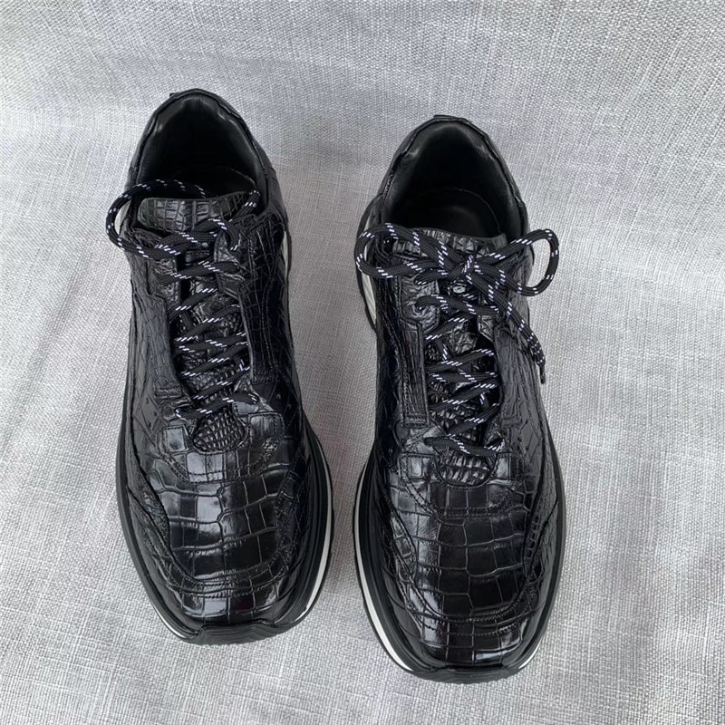 Authentic Crocodile Belly Skin Men's Casual Black Walking Sneakers Exotic Real Alligator Leather Male Lace-up Elevator Shoes