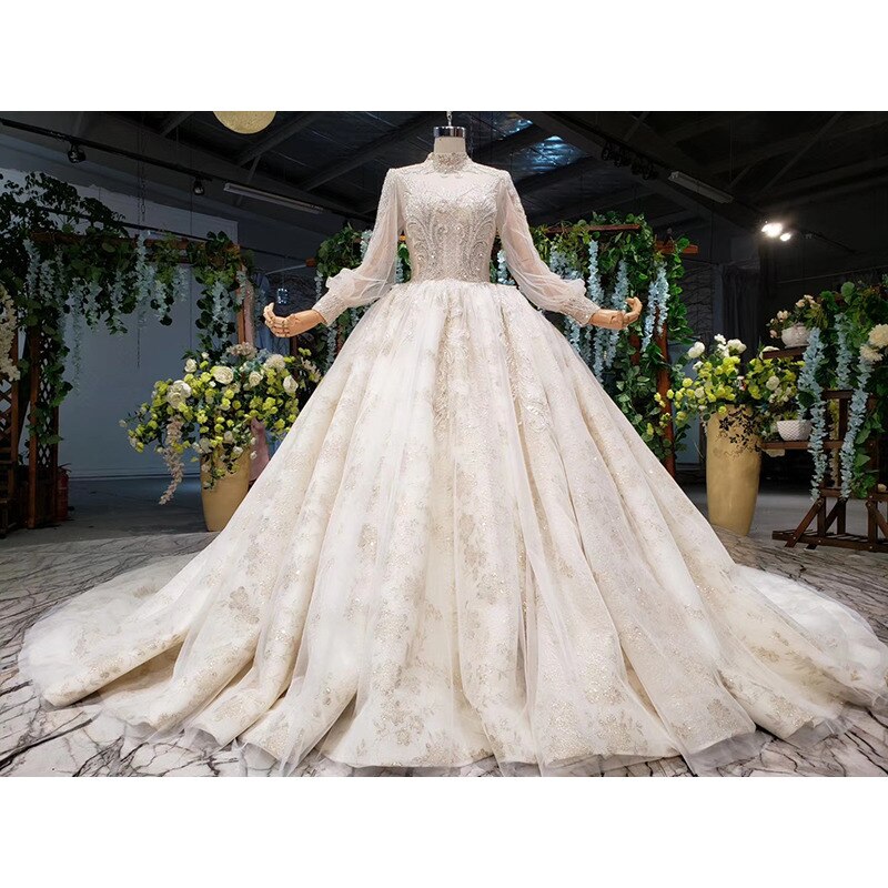 BGW HT41125 Vintage Lace Wedding Dress Long Sleeve Tulle High Neck Open Keyhole Back Wedding Gowns With Train Sukienka Na Wesele