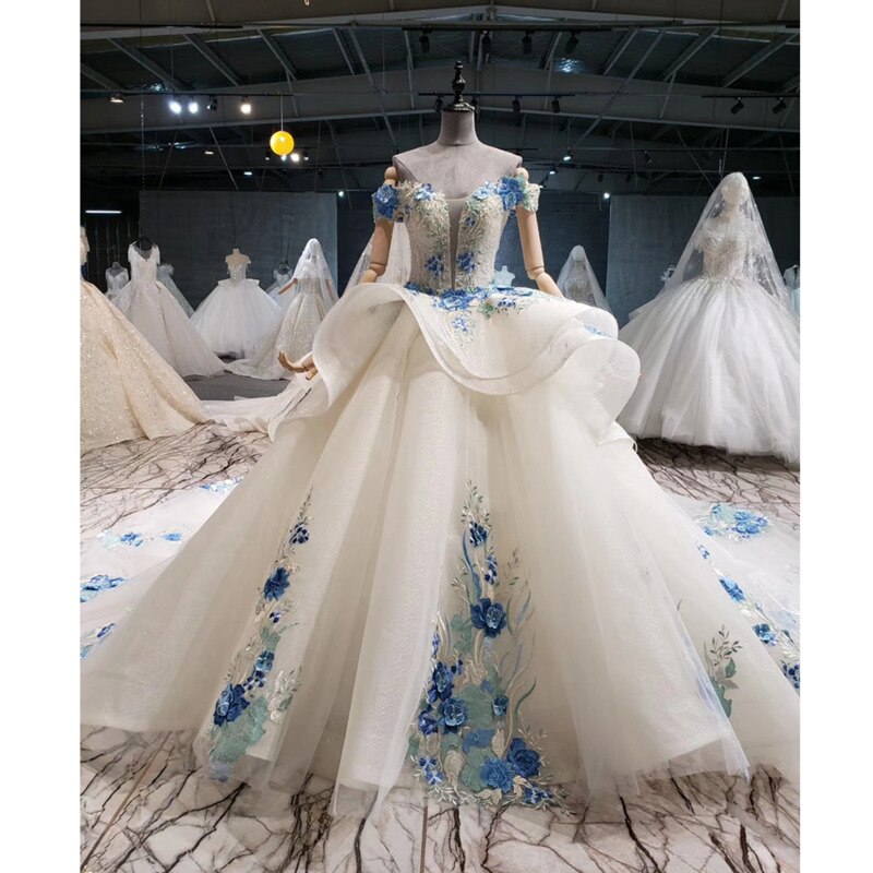 BGW HT41327 Cheap Wedding Dress Blue Flowers Off Shoulder Sweetheart Bead Wedding Gowns With Tail Vestidos De Noiva Plus Size