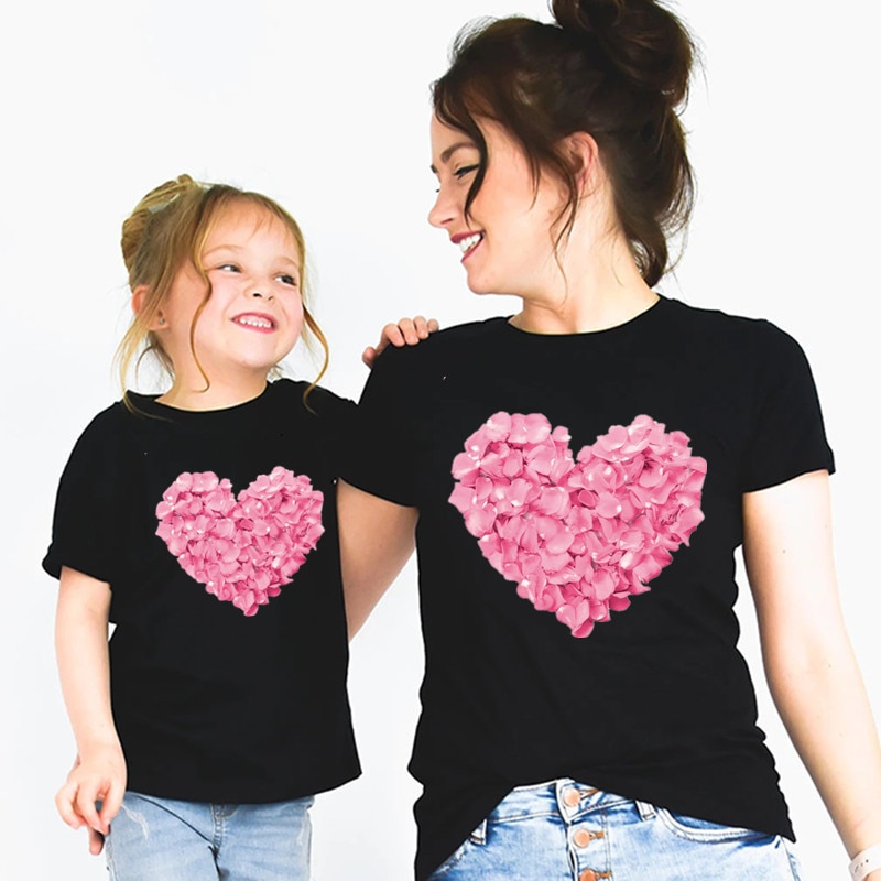 Mommy and Me Flower Heart T shirt Mother Daughter Matching Family Outfits Rose flower T-shirt Motherday's Day Gift,Drop Ship