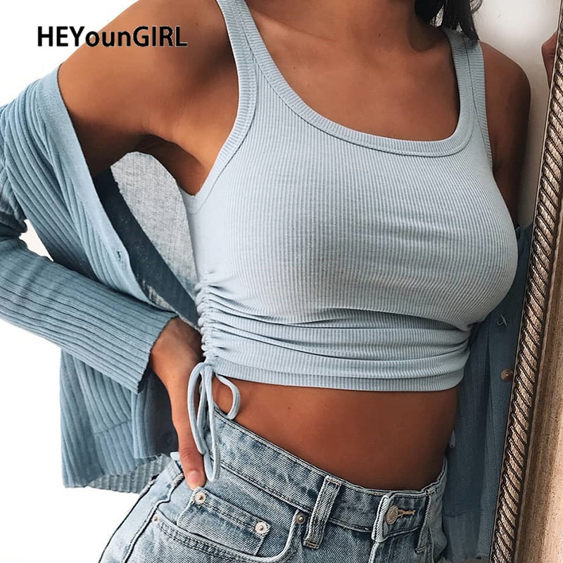 HEYounGIRL Ruched Sleeveless Tank Tops Tees Women Solid Casual Fashion Crop Top Ladies High Street Tie Up Croptop Summer Fitness