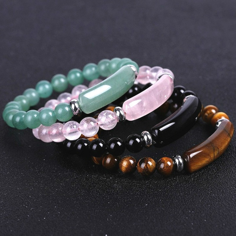 8mm Natural Stone Strand Beads Bracelet Reiki Healing Pink Quartz Aventurine Agates Rose Crystal Rectangle Bar Charms Bracelets