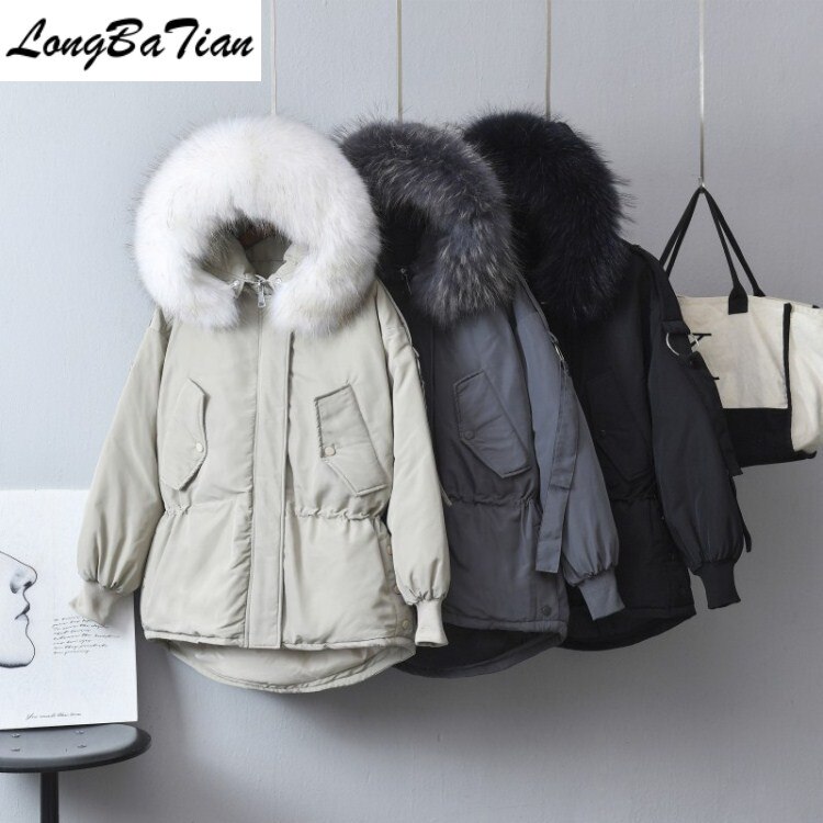 2020 New Real Fur Medium Long Winter Women 90% White Duck Jacket Hooded Coats Warm Thicken Down Parka