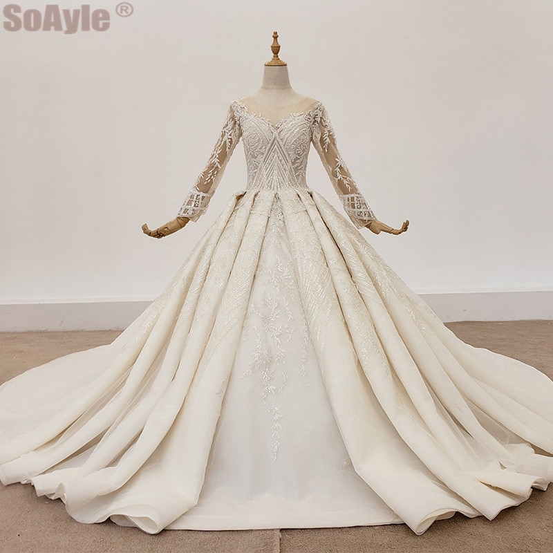 SoAyle Plus Size Wedding Dress Luxury Princess Wedding Dress Handmade Beaded Shiny Crystal Long Sleeve Wedding Dress Summer 2020