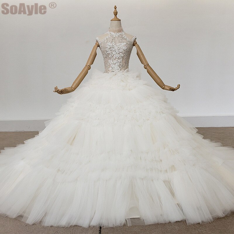 SoAyle Luxury Princess Wedding Dress Shiny Crystal Sleeveless High Neck Layered Ruffled Wedding Dress Summer 2020