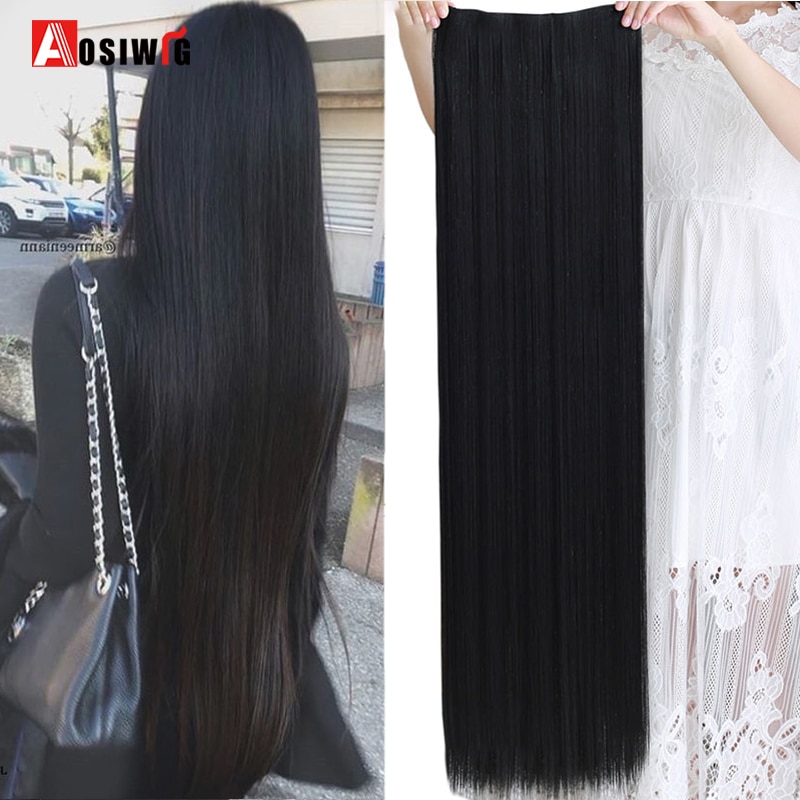 AOSI 5 Sizes 5 Clips Long Straight Clip In Hair Extensions Synthetic Heat Resistant One Piece Black Brown Hairpiece For Women