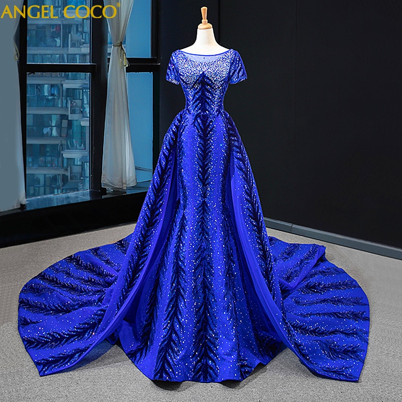 Removable Royal Blue Sparkle Glitter Sequined Evening Dresses Long Mermaid Luxury Dress Dubai Saudi Arabia Formal Prom Gown Robe