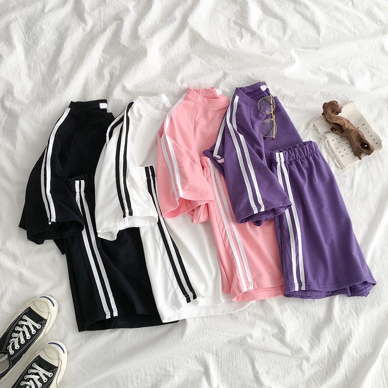 2021 Summer Striped Tracksuit For Women Sets Short Sleeve T Shirt Two Piece Shorts Set Female Loose Casual Sport 2pc Sets Ladies