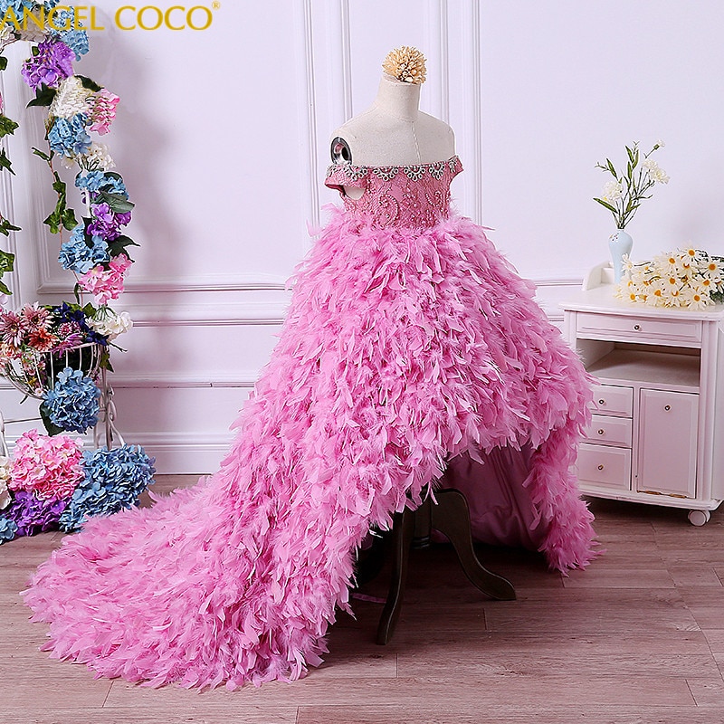 Luxury Model Girl Evening Dress Beauty Contest Catwalk Before After Long Tailing Feather Costumes Flower Children wedding guest