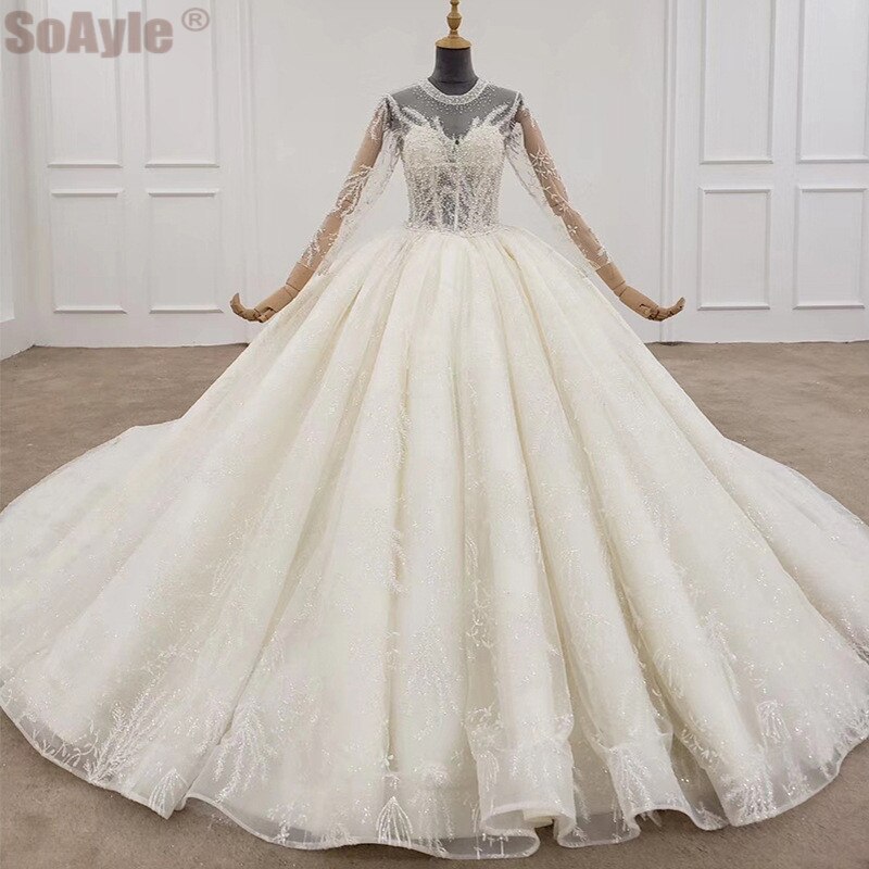 SoAyle Shiny Crystal Wedding Dress Long Sleeves O-Neck Lace Appliques Ball Gown Wedding Dress 2020 vestidos