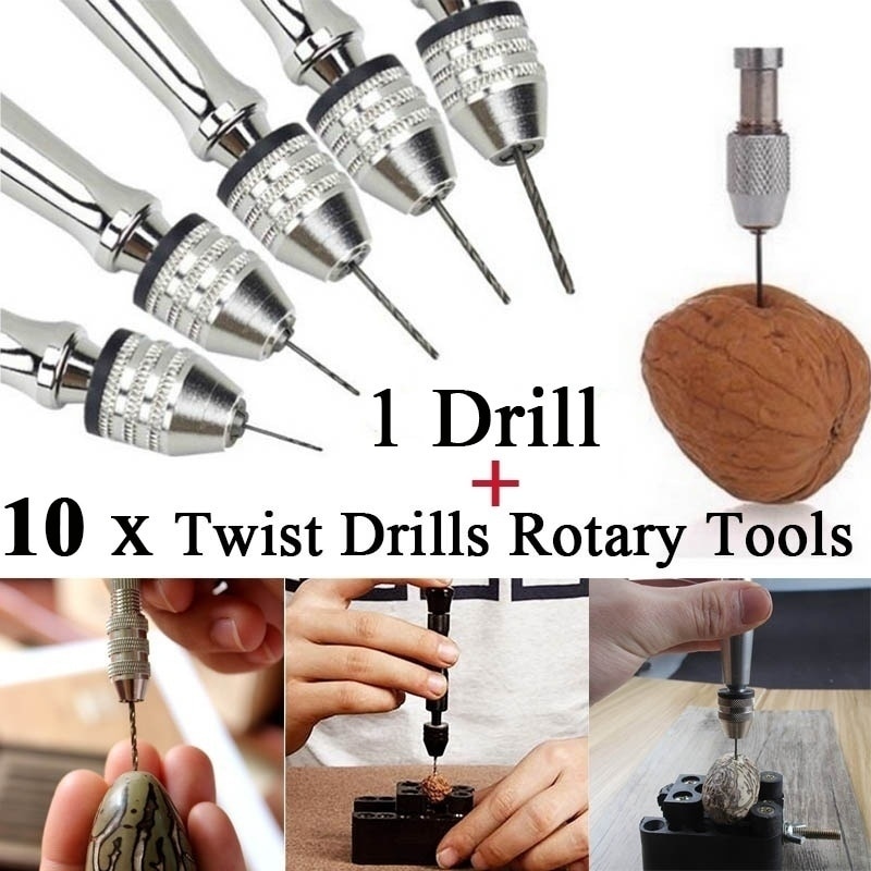 0.3-3.2mm Aluminum Hand Drill with Keyless Chuck + 10 Units Torsion Drill Mini Jewelry Woodworking Rotary Drilling Tools