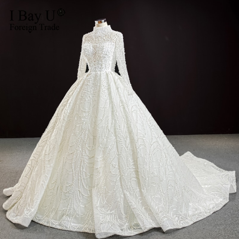 Luxury Pearl Illusion Lace White High Collar Wedding Dress Real Photo 2020 Full Sleeve Bridal Gown vestido de noiva modesto