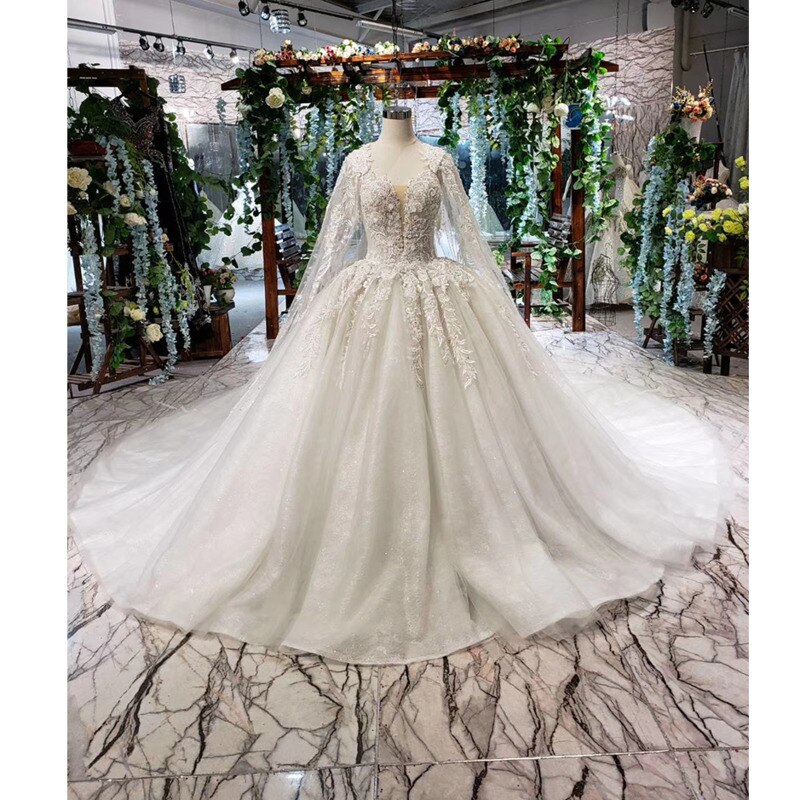 BGW HT42215 Wedding Dresses With Cape Big O-neck Sleeveless Appliques Bridal Dress Up Wedding Gowns New Fashion Robe De Mariee