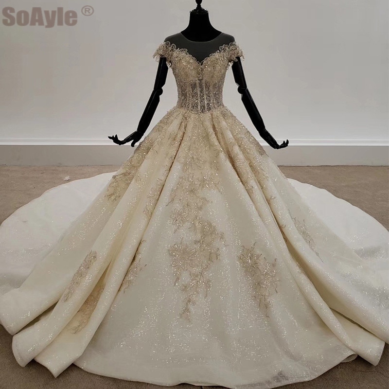 SoAyle O-Neck Champagne Crystal Wedding Dress Luxury Court Retro Ball Gown Wedding Dress 2020 vestido de noiva