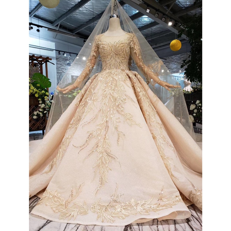 BGW HT42314 Golden Wedding Dresses Gown With Wedding Veil O-neck Long Sleeve Flower Bridal Dress With Train Vestido De Casamento