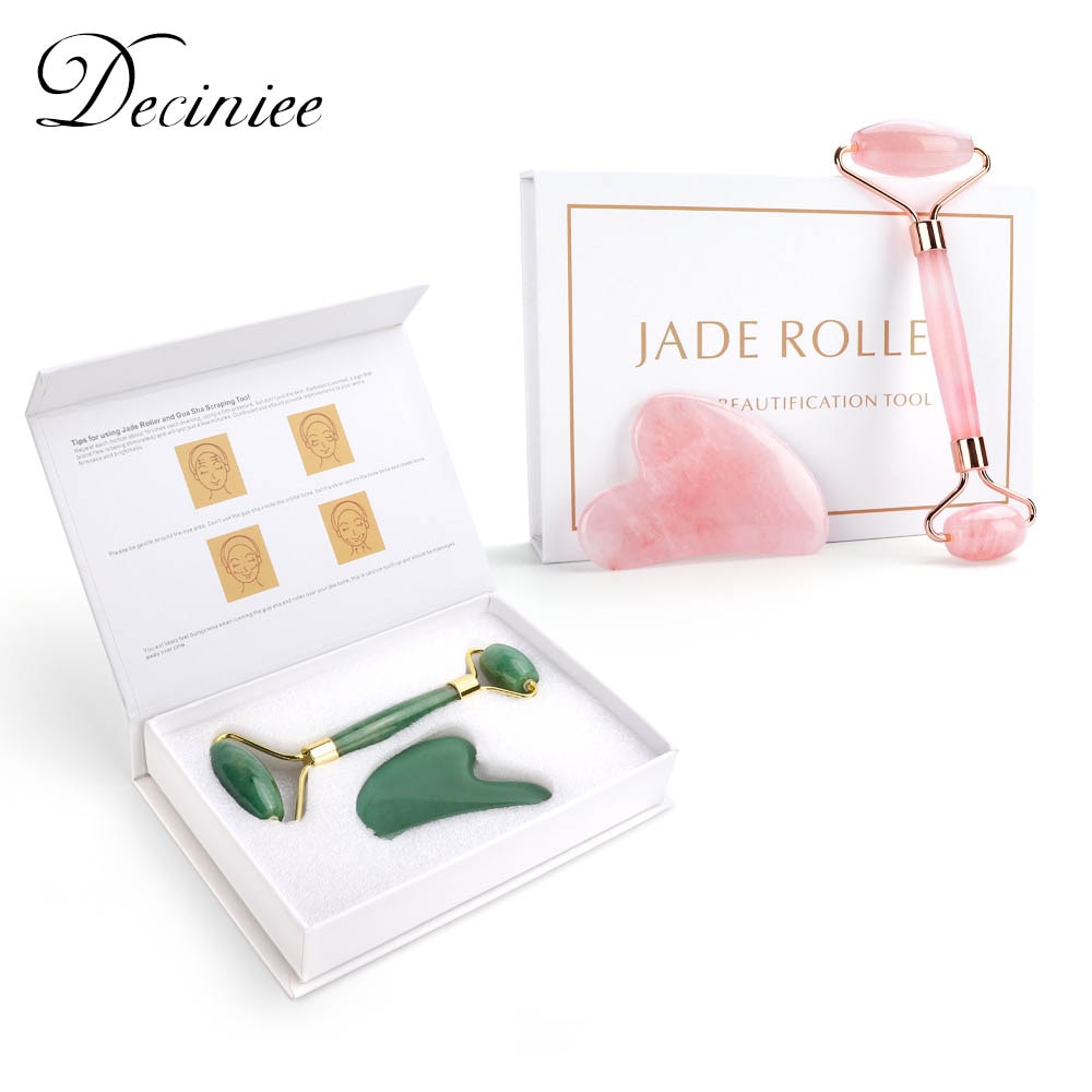 Natural Rose Quartz Jade Roller Gua Sha Set Facial Body Massager Roller Jade Stone Massage Set Face Lifting Beauty Massage Tool