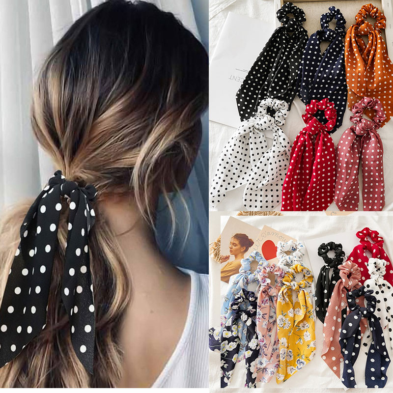 Fasihon Dot Ribbon Hair Scrunchies for Women Hair Ring Female Ponytail Chiffon Fabric Ribbon Hair Ties Korean Hair Accessories