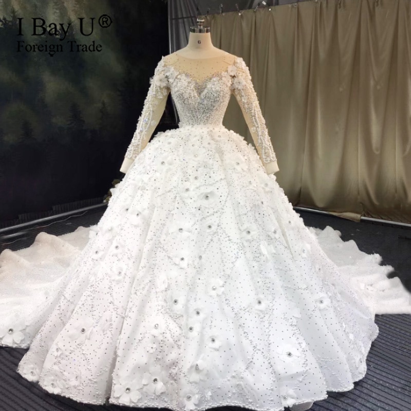 3D Flower Pearl Luxury Wedding Dress 2020 Custom Made Wedding Dress 2020 Beaded Lace Bridal Dress robe de mariée de luxe